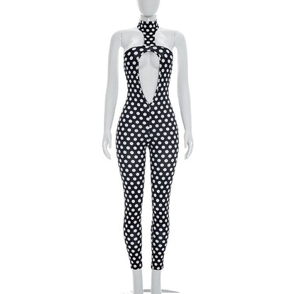 DZHT D26JP107 polka dot print halter cut-out bare back tight one-piece trousers