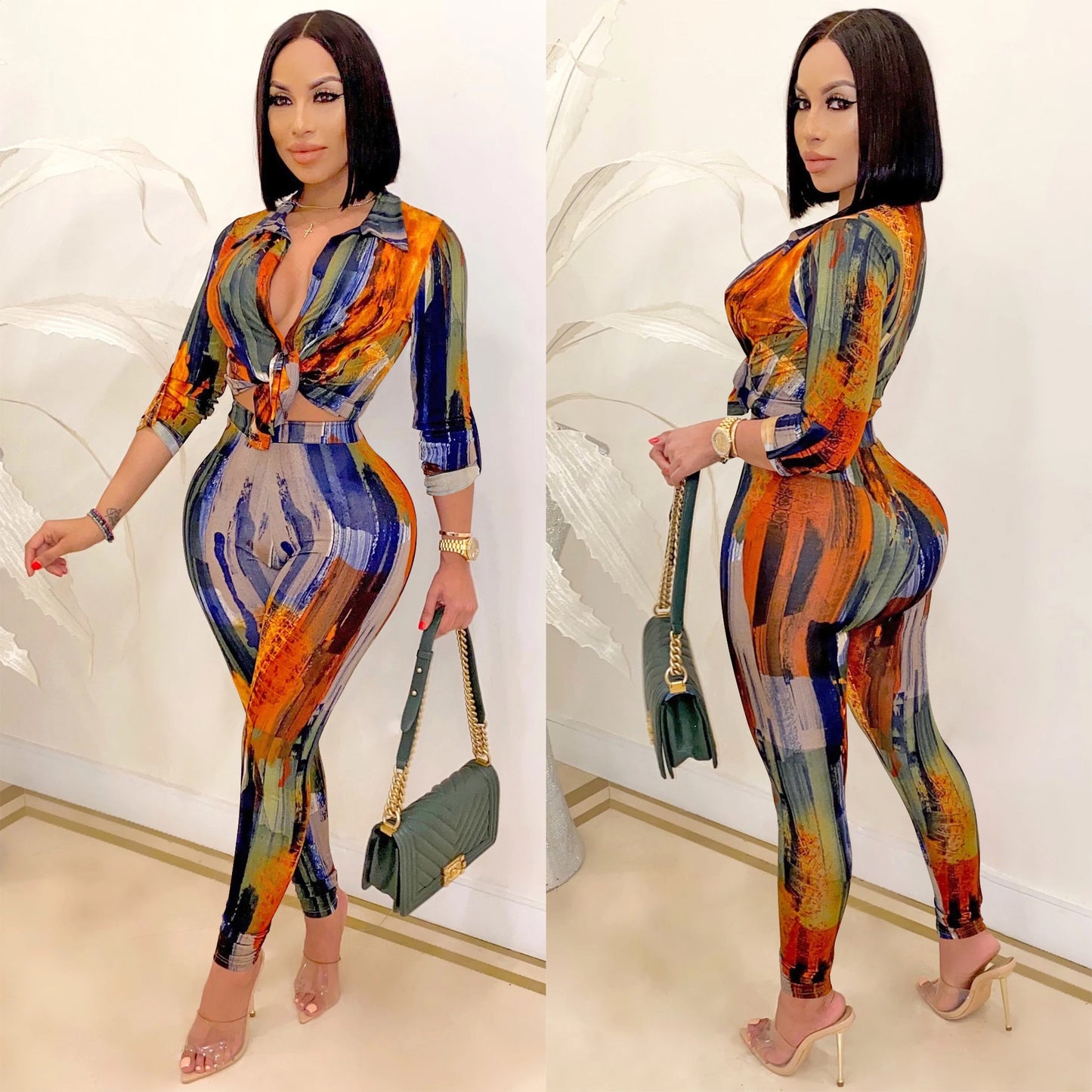 XYZ Digital printed V-neck long-sleeved trousers two-piece set