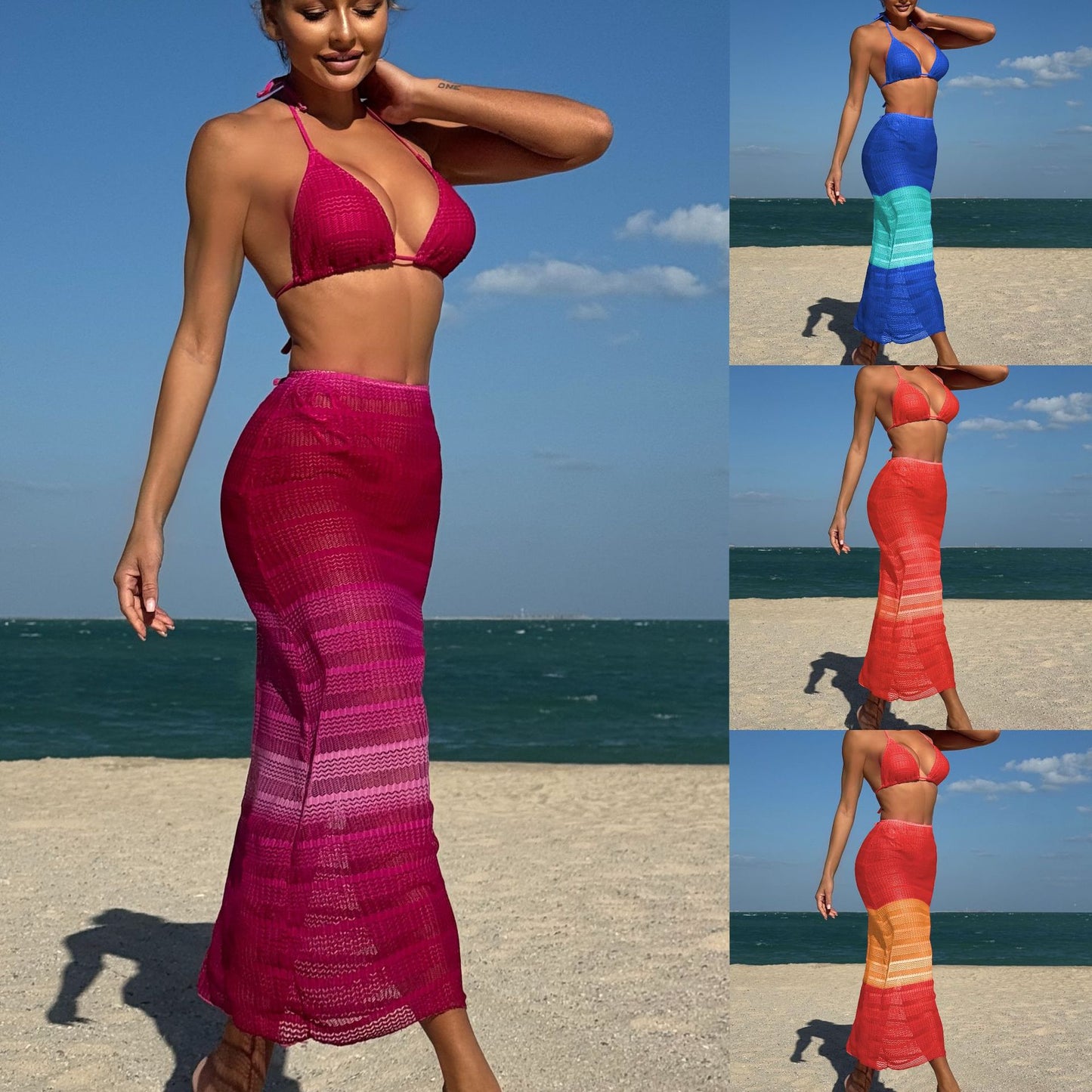 (4 days ready to ship) SY gradient mesh three-piece beach dress bikini