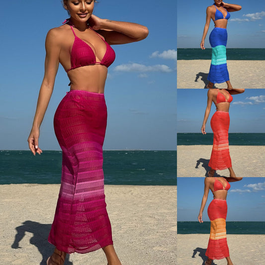 (4 days ready to ship) SY gradient mesh three-piece beach dress bikini