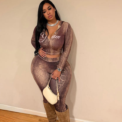 SXR autumn and winter feel cardigan top high waist tight printed trousers suit