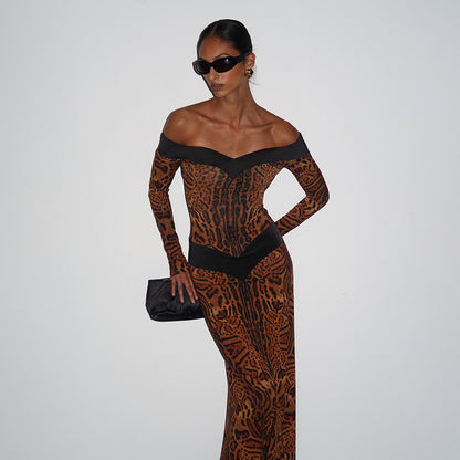 DLS off-shoulder hollow backless leopard print slim-fit long-sleeved dress