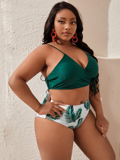 LF (L-4XL) women's split color printing swimsuit plus size