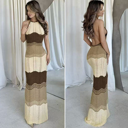 CYB contrast color striped texture beach dress halter sheath knitted dress blouse