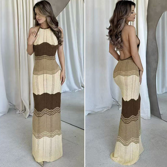 CYB contrast color striped texture beach dress halter sheath knitted dress blouse