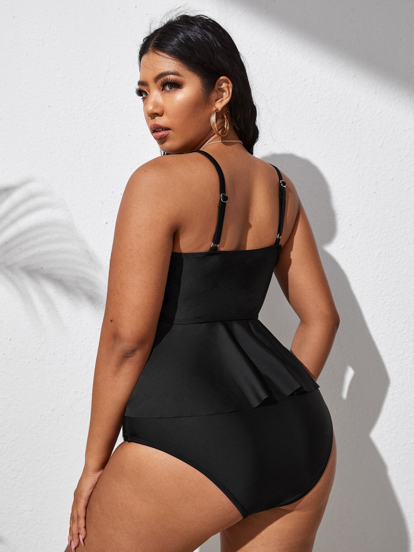 LF (L-4XL) 2026 swimsuit women's split solid color black plus size plump girls triangle
