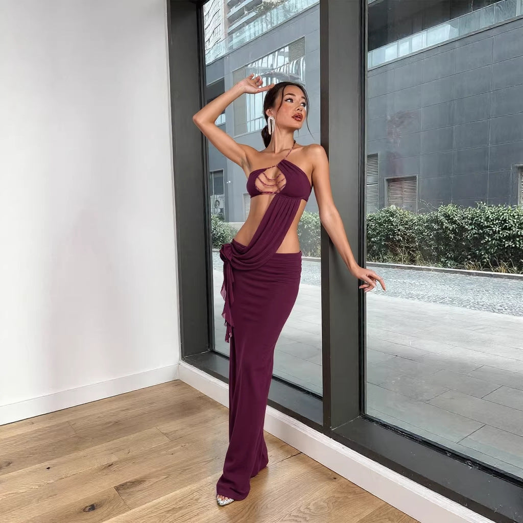 SXR Spring 2026 midriff outfit sexy bandeau bead necklace flower oblique shoulder strap dress