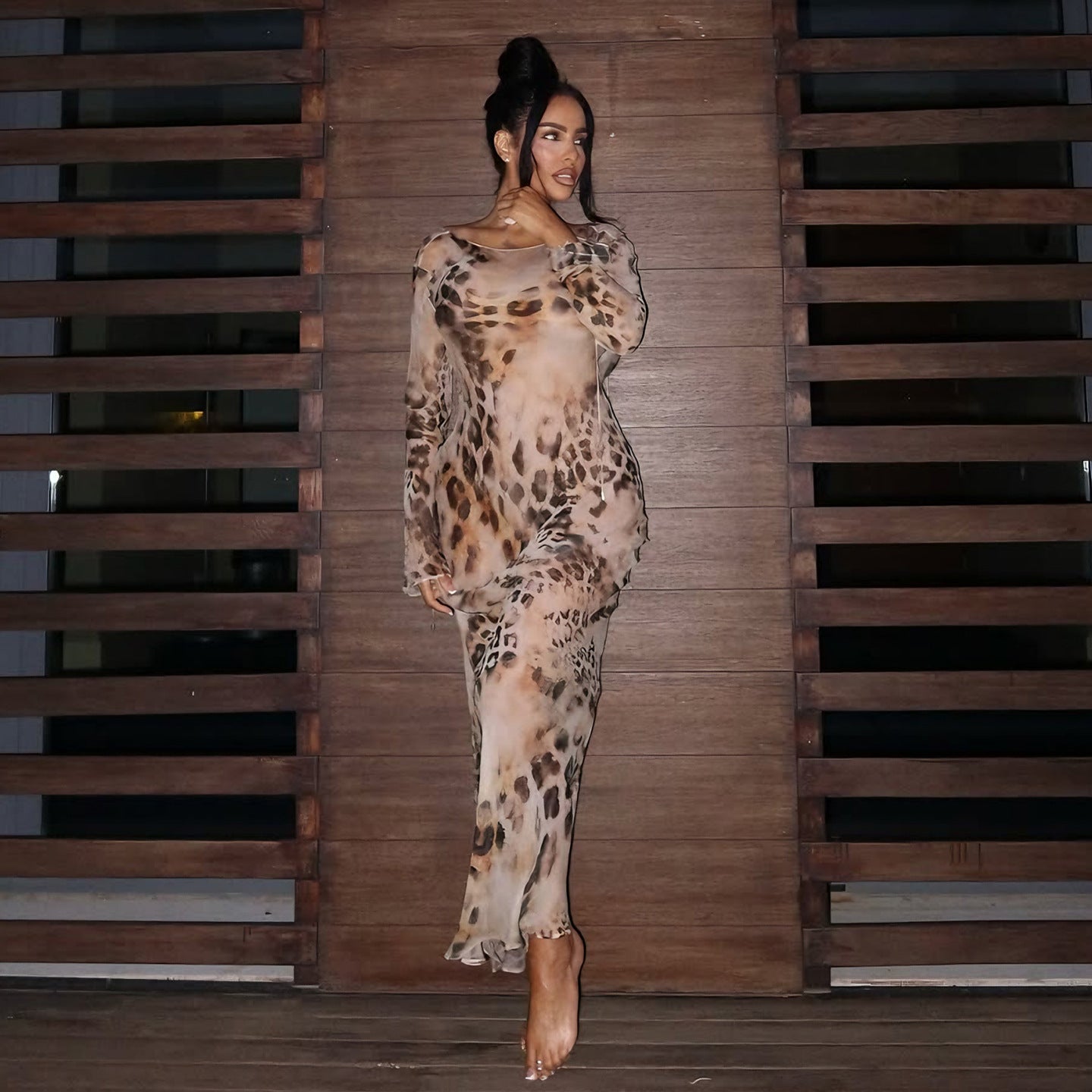 DLS summer long-sleeve round neck leopard print sheath dress