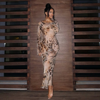DLS summer long-sleeve round neck leopard print sheath dress