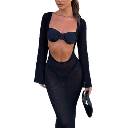 CYB INS beach dress see-through two-way long sleeve backless knitted long dress blouse