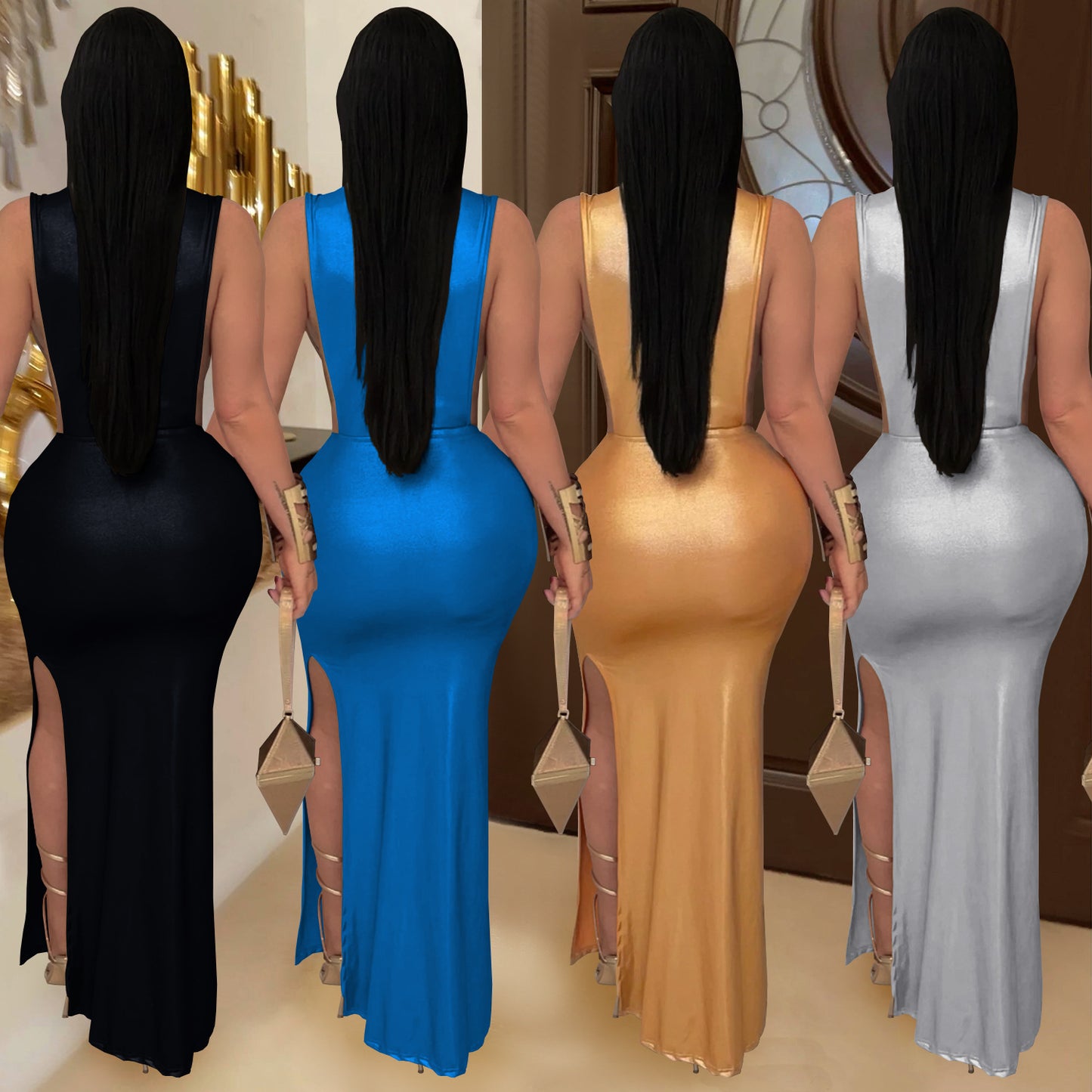 XYZ C7476 elegant turtleneck arm covering split dress