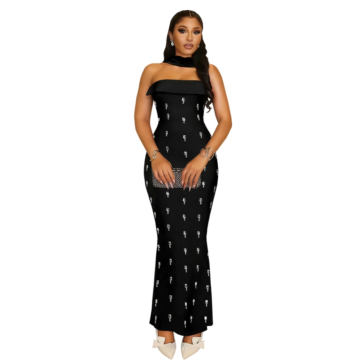 XYZ C7626 elegant tube top rhinestone ribbon dress suit