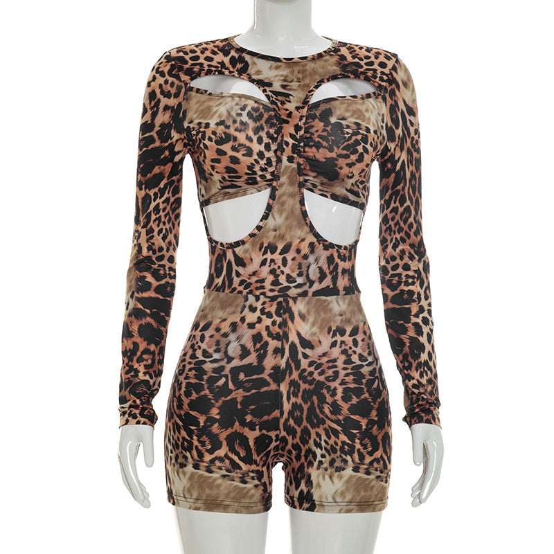 DZHT D26RP221 leopard print long sleeve printed hollow-out tight fake two-piece long sleeve one-piece shorts