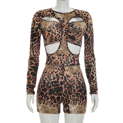 DZHT D26RP221 leopard print long sleeve printed hollow-out tight fake two-piece long sleeve one-piece shorts
