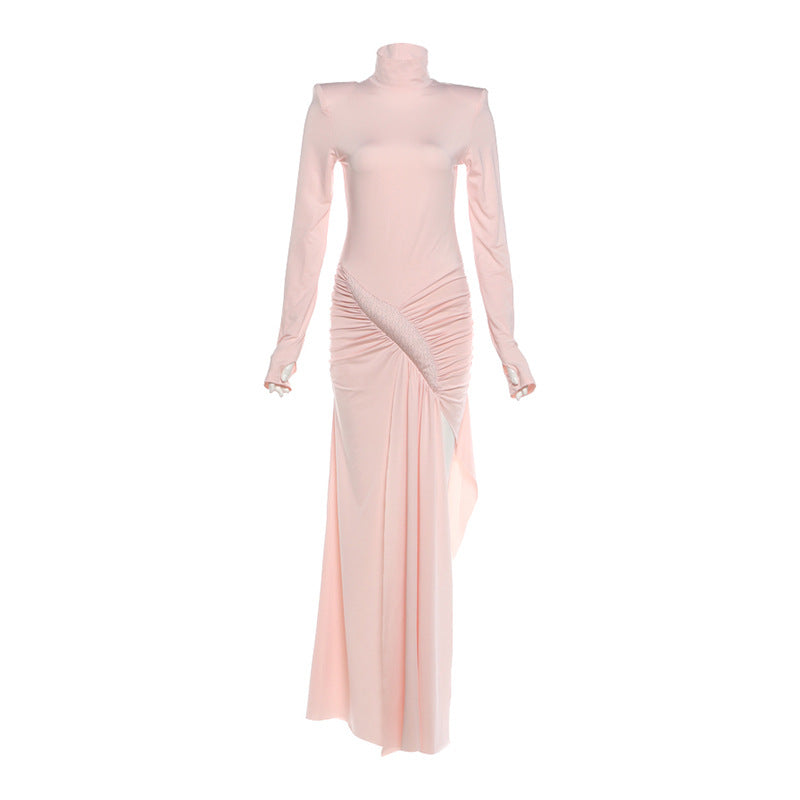 SXR spring solid color elegant graceful turtleneck waist-tight split long sleeve dress