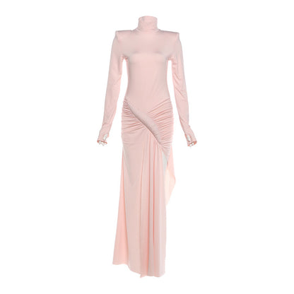SXR spring solid color elegant graceful turtleneck waist-tight split long sleeve dress