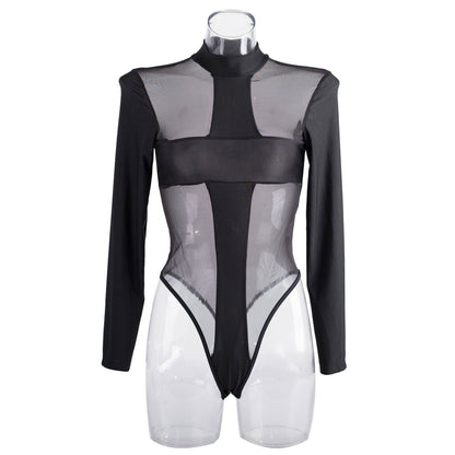 Long sleeve round collar gauze see-through open crotch sexy lingerie body-shaping corsets LS1521