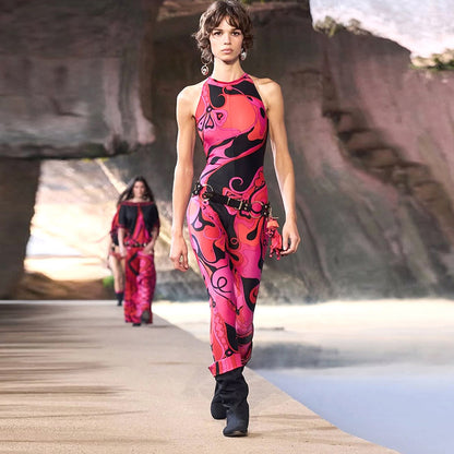 DZHT J26JP232 summer all-matching sleeveless skinny print long jumpsuit