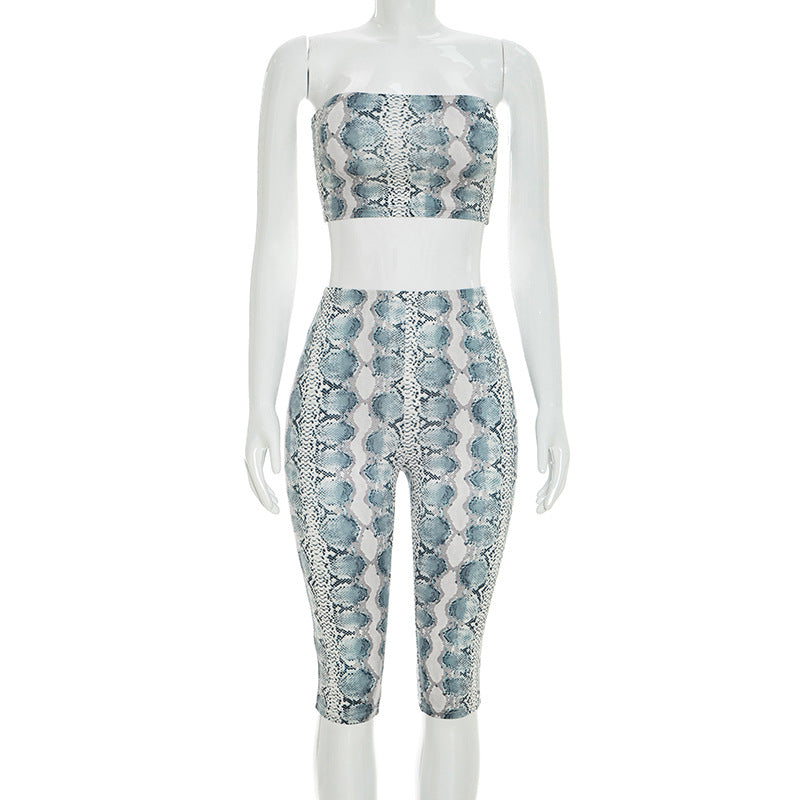 DZHT C26ST112 summer snake print tube top tight cropped pants two-piece suit