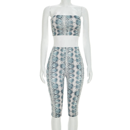 DZHT C26ST112 summer snake print tube top tight cropped pants two-piece suit