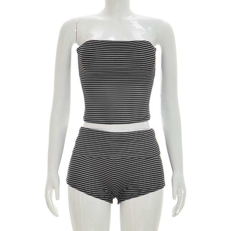 DZHT D26ST116 striped tube top turn waist folding shorts two-piece suit