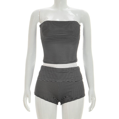DZHT D26ST116 striped tube top turn waist folding shorts two-piece suit