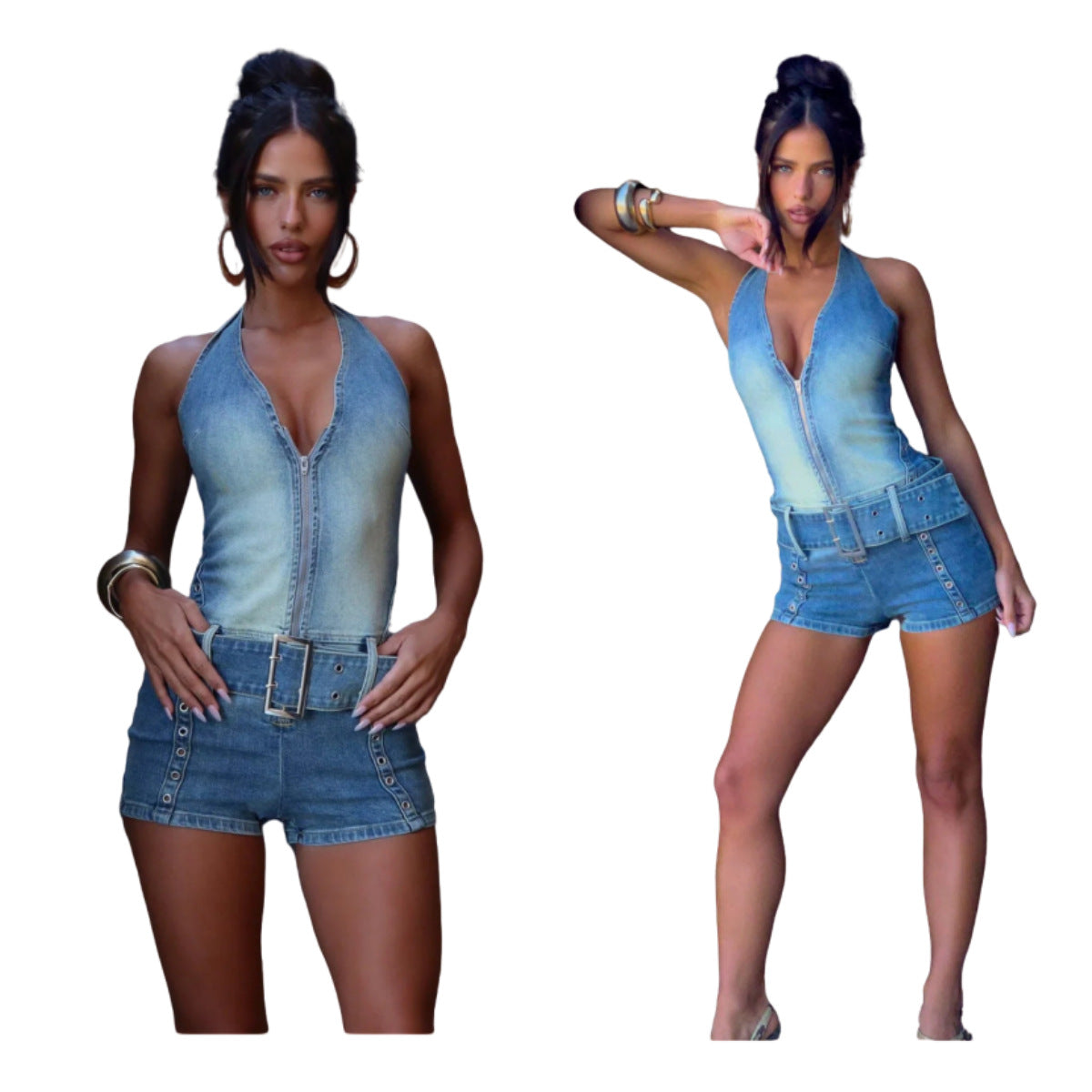 MZ (S-2XL) denim MZ88646 halter lace-up stretch one-piece shorts