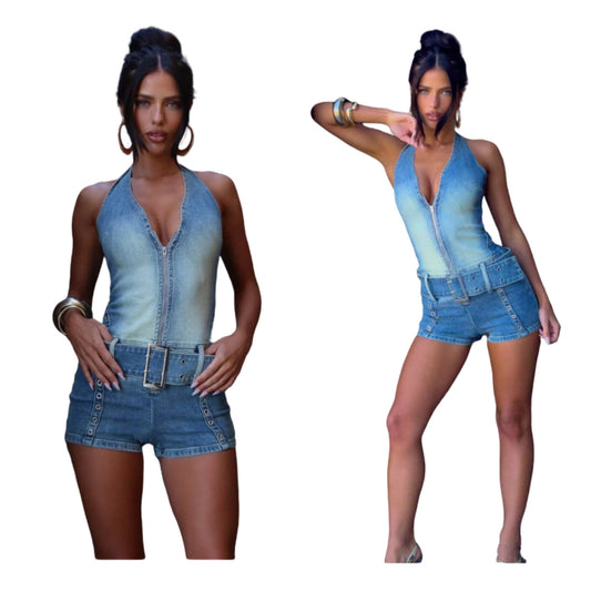 MZ (S-2XL) denim MZ88646 halter lace-up stretch one-piece shorts