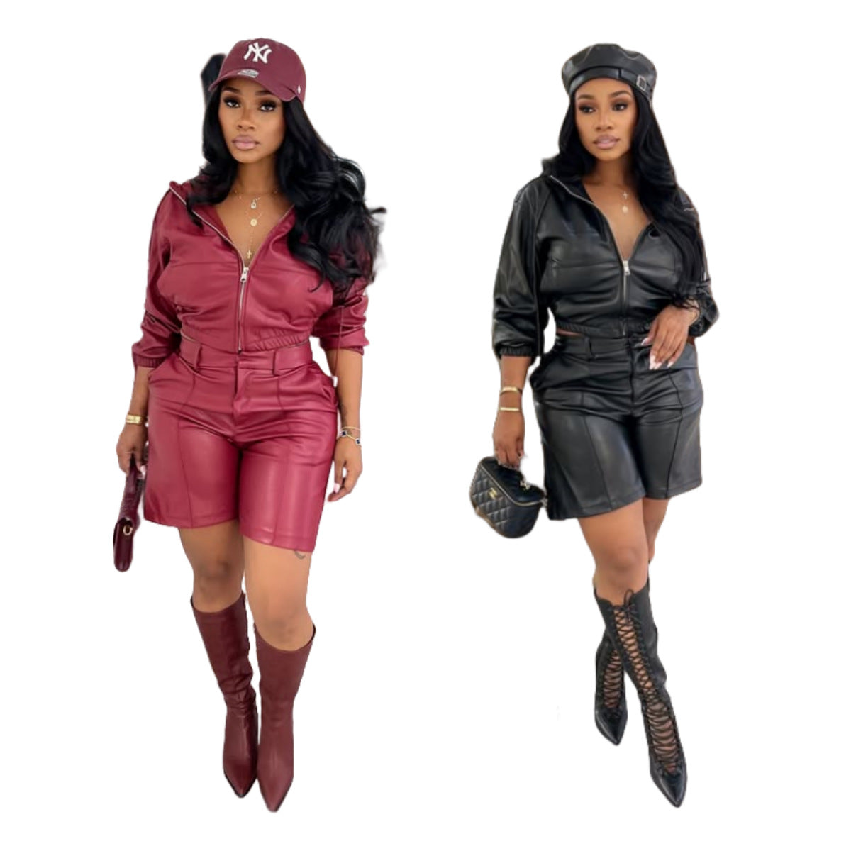 MZ (S-2XL) leather shorts MZ88672 hooded long sleeve fifth pants suit