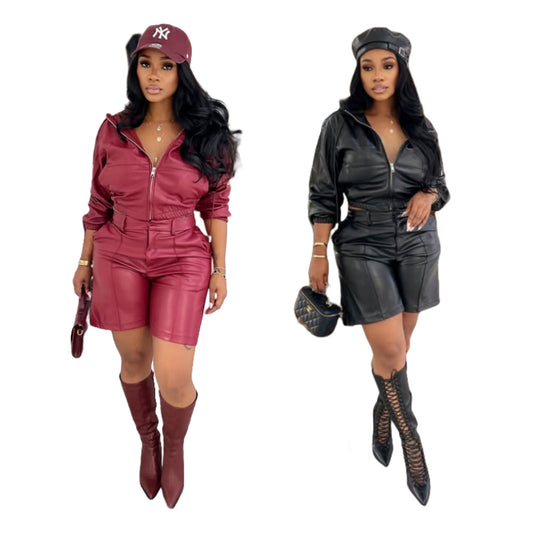 MZ (S-2XL) leather shorts MZ88672 hooded long sleeve fifth pants suit