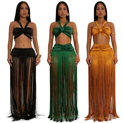 XYZ C7438 shoulder strap top tassel dress two-piece set
