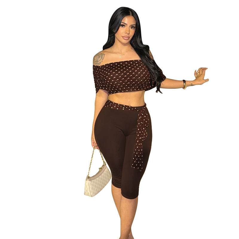 DZHT J26ST063 fashion off-the-shoulder polka dot cropped pants suit