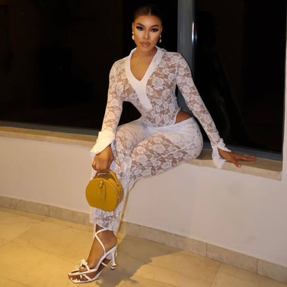 MYF (S-2XL) 10835 see-through jumpsuit lace two-piece set
