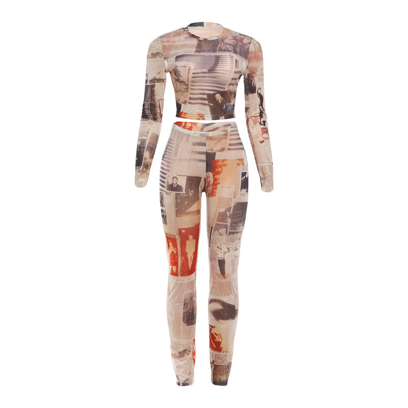 DLS 2026 spring round neck top vintage printed slim-fit figure flattering pants suit