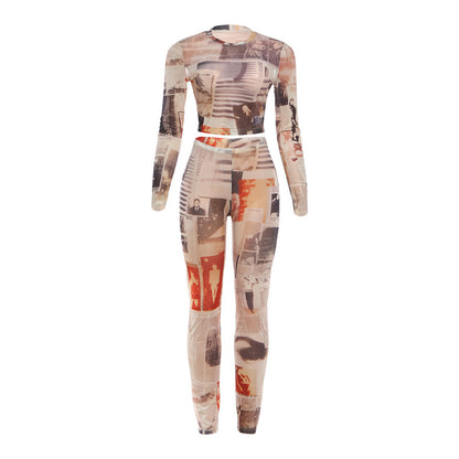 DLS 2026 spring round neck top vintage printed slim-fit figure flattering pants suit