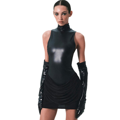 SXR 2026 spring fashion PU leather stitching ruffle turtleneck dress