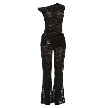SXR 2026 spring sexy shoulder irregular top high waist flared pants suit