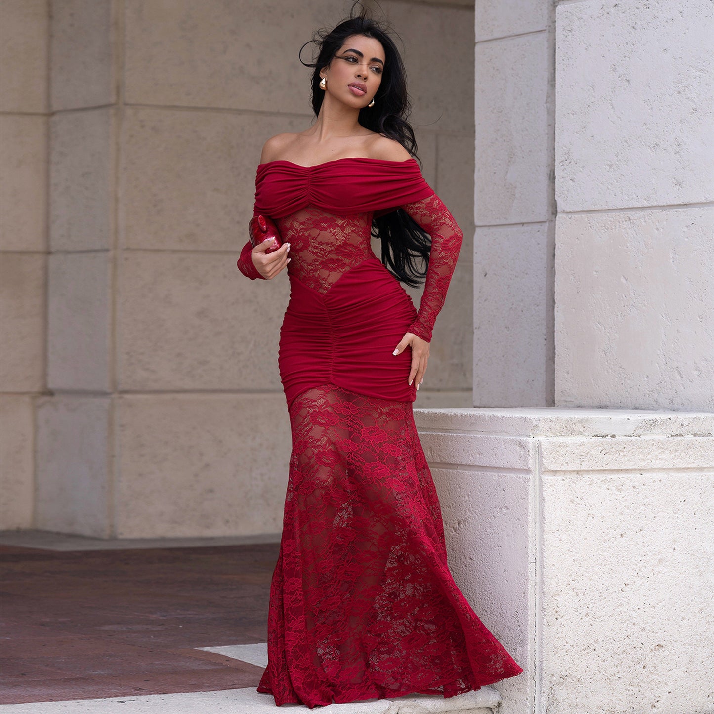 XYZ C7620 off-shoulder lace sheath dress