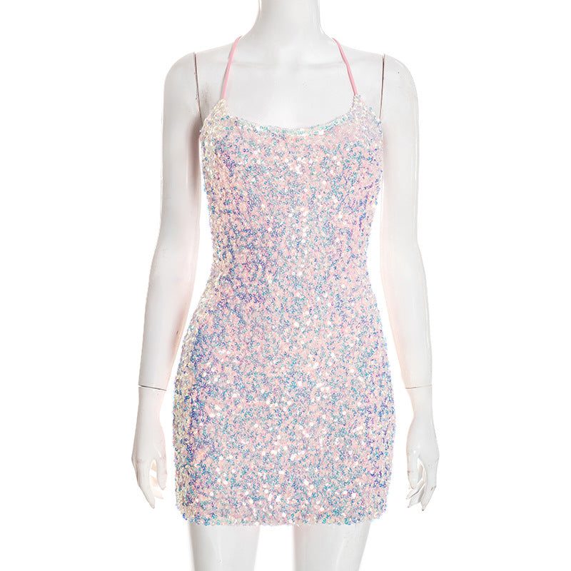 DZHT D25DS547 sequin sling bare back sheath dress