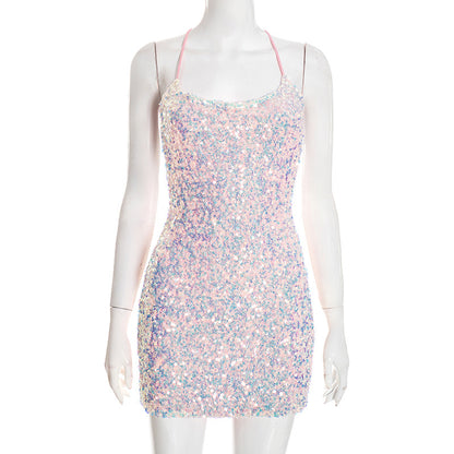 DZHT D25DS547 sequin sling bare back sheath dress