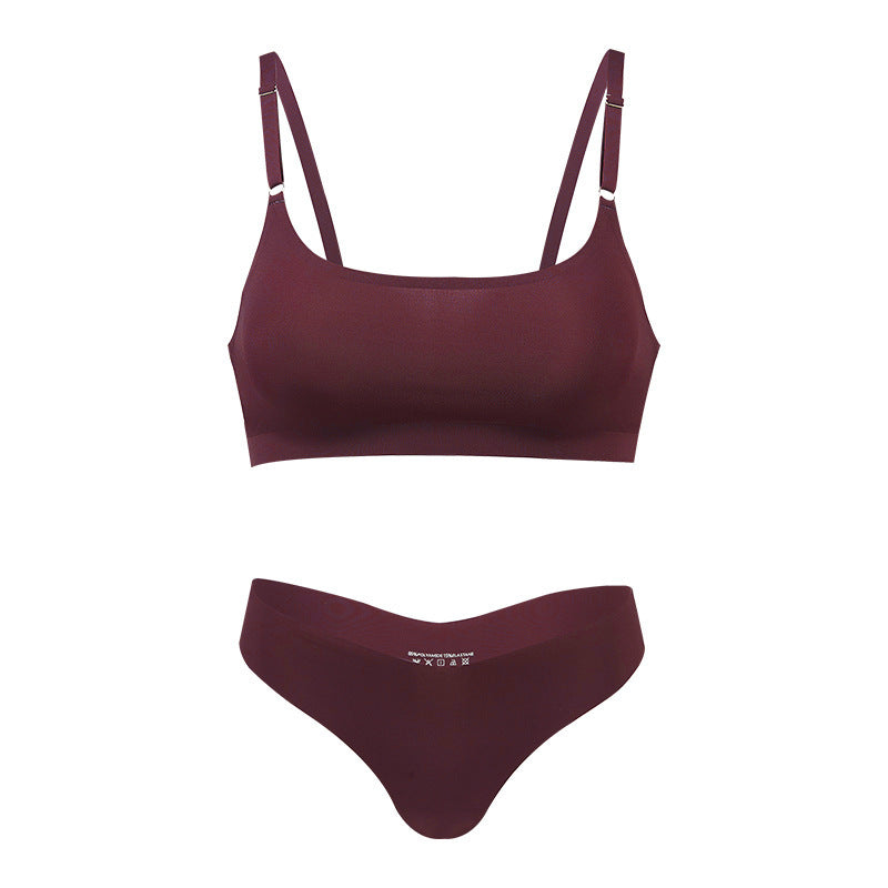 Seamless thin large size underwear set small breast size exaggerating bra T-shaped beauty back adjustable wireless bra