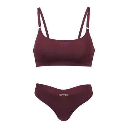 Seamless thin large size underwear set small breast size exaggerating bra T-shaped beauty back adjustable wireless bra