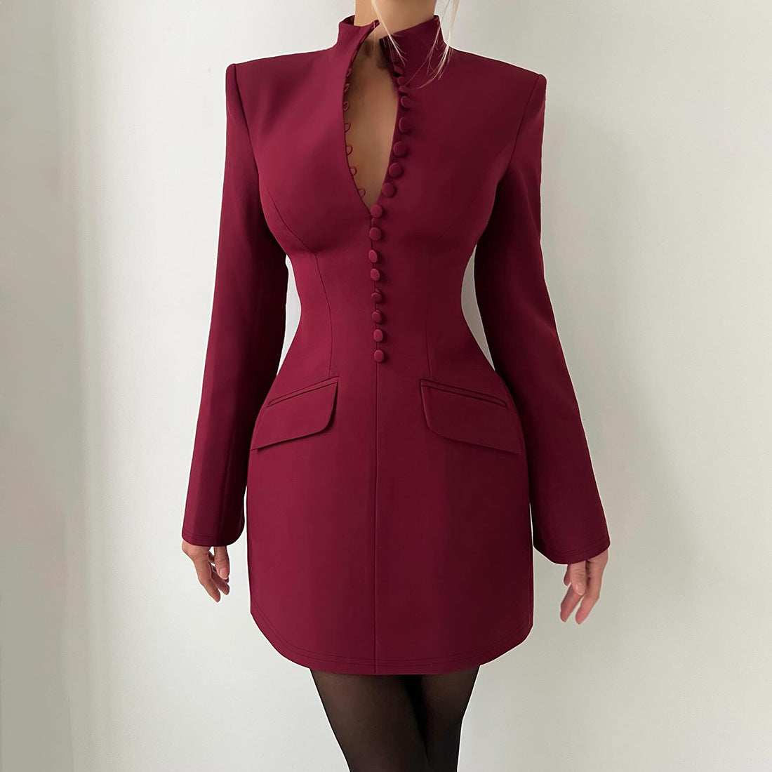 SXR autumn and winter tight waist hip skirt solid color long sleeve dress