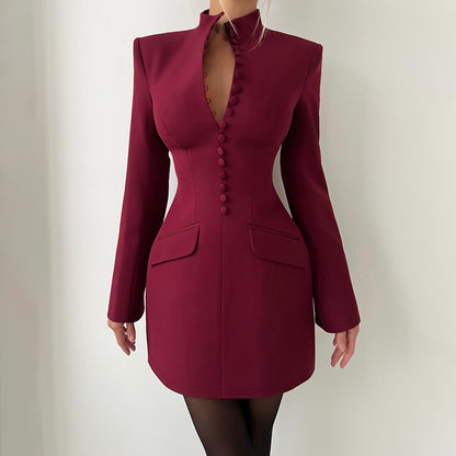 SXR autumn and winter tight waist hip skirt solid color long sleeve dress