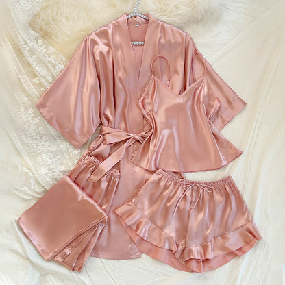DNL artificial silk suit comfortable four-piece pajamas