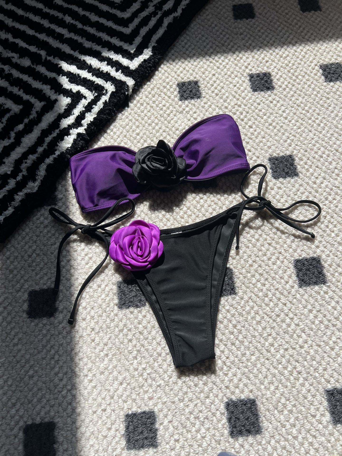 (4 days ready to ship) SY color matching rose tube top lace-up drawstring strap split swimsuit bikini 9149