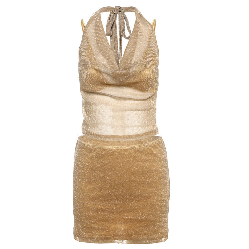 SXR spring/summer inner wear solid color Shiner halter top hip skirt three-piece set
