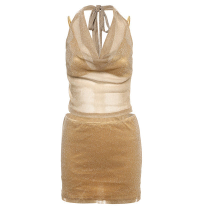 SXR spring/summer inner wear solid color Shiner halter top hip skirt three-piece set