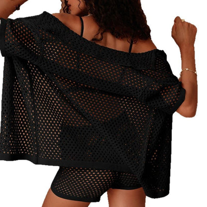 CYB Beach short sleeve cardigan shorts see-through knitted elegant sun protective blouse suit