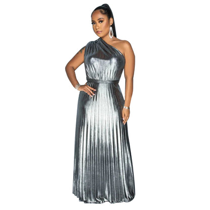 MYF (S-2XL) K10693 diagonal collar sleeveless pleated dress